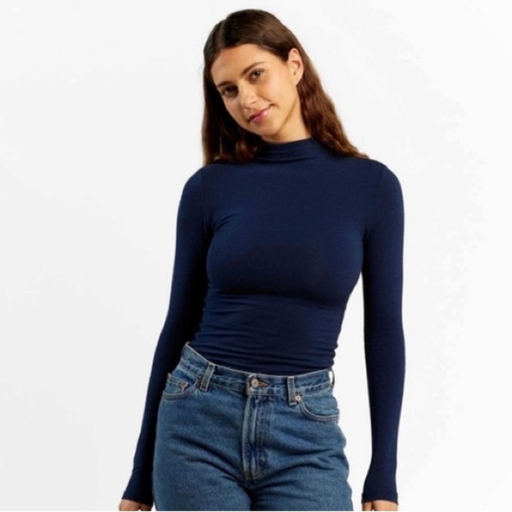 Nuuds Deep Blue Mock Neck Long Sleeve Women's Top